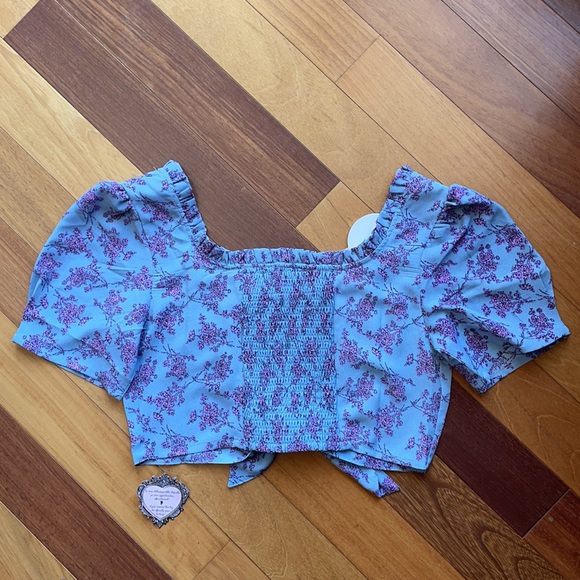 NWT Boutique 1861 Blue and Lilac Floral Crop Top w Tie Detail, size Medium - Picture 12 of 13